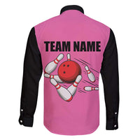 Pink and Black Bowling Family Matching Mermaid Dress and Hawaiian Shirt Design with Red Ball and Pins and Custom Team Name Graphic - Wonder Print Shop
