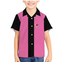 Pink and Black Bowling Family Matching Mermaid Dress and Hawaiian Shirt Design with Red Ball and Pins and Custom Team Name Graphic - Wonder Print Shop