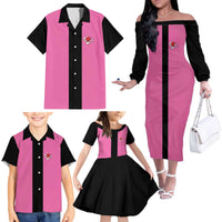 Pink and Black Bowling Family Matching Off The Shoulder Long Sleeve Dress and Hawaiian Shirt Design with Red Ball and Pins and Custom Team Name Graphic - Wonder Print Shop