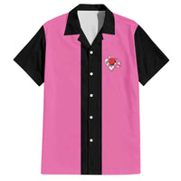 Pink and Black Bowling Family Matching Off The Shoulder Long Sleeve Dress and Hawaiian Shirt Design with Red Ball and Pins and Custom Team Name Graphic - Wonder Print Shop