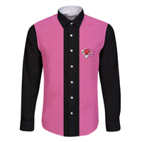 Pink and Black Bowling Family Matching Off The Shoulder Long Sleeve Dress and Hawaiian Shirt Design with Red Ball and Pins and Custom Team Name Graphic - Wonder Print Shop