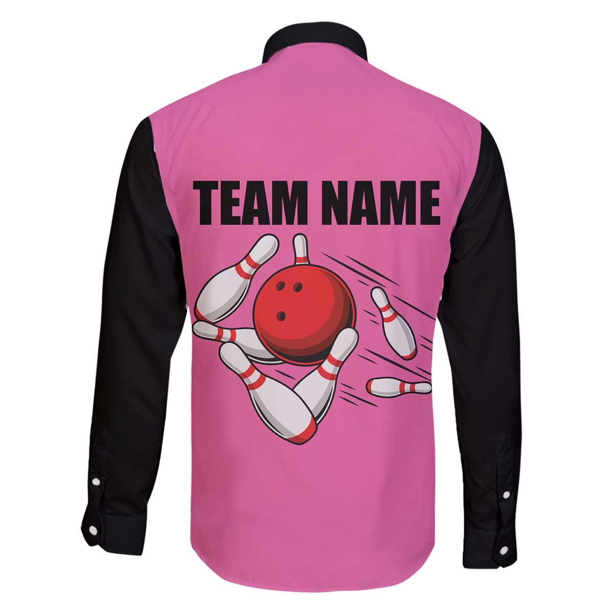 Pink and Black Bowling Family Matching Off The Shoulder Long Sleeve Dress and Hawaiian Shirt Design with Red Ball and Pins and Custom Team Name Graphic - Wonder Print Shop