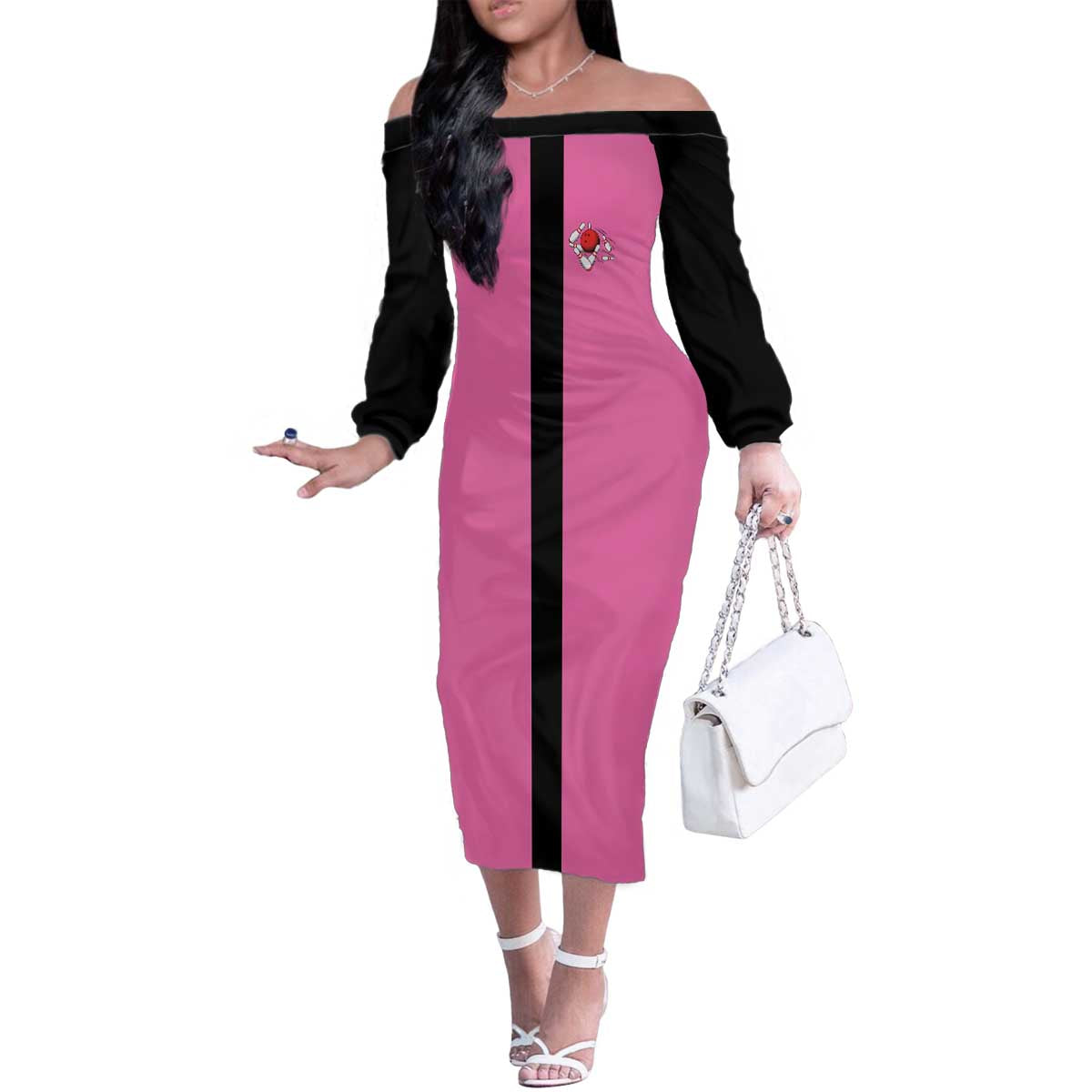 Pink and Black Bowling Family Matching Off The Shoulder Long Sleeve Dress and Hawaiian Shirt Design with Red Ball and Pins and Custom Team Name Graphic - Wonder Print Shop