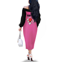 Pink and Black Bowling Family Matching Off The Shoulder Long Sleeve Dress and Hawaiian Shirt Design with Red Ball and Pins and Custom Team Name Graphic - Wonder Print Shop