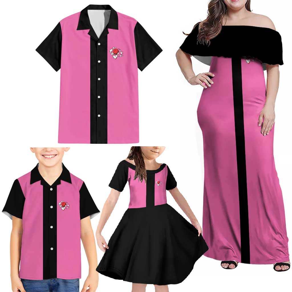 Pink and Black Bowling Family Matching Off Shoulder Maxi Dress and Hawaiian Shirt Design with Red Ball and Pins and Custom Team Name Graphic - Wonder Print Shop