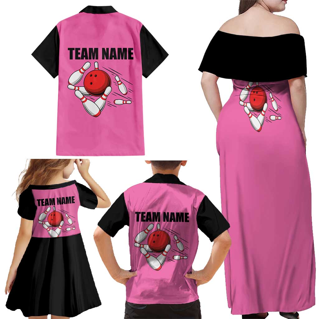 Pink and Black Bowling Family Matching Off Shoulder Maxi Dress and Hawaiian Shirt Design with Red Ball and Pins and Custom Team Name Graphic - Wonder Print Shop