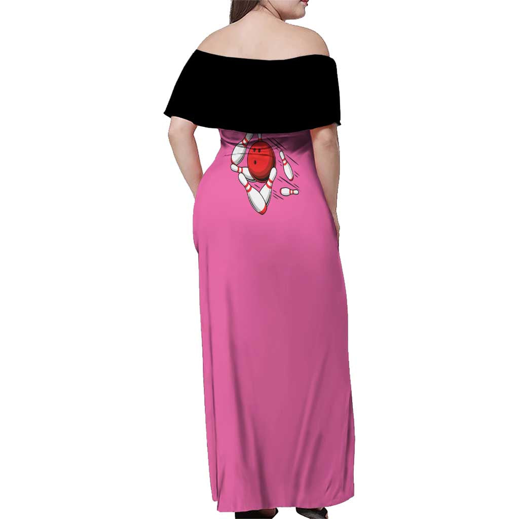 Pink and Black Bowling Family Matching Off Shoulder Maxi Dress and Hawaiian Shirt Design with Red Ball and Pins and Custom Team Name Graphic - Wonder Print Shop