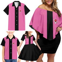 Pink and Black Bowling Family Matching Off Shoulder Short Dress and Hawaiian Shirt Design with Red Ball and Pins and Custom Team Name Graphic - Wonder Print Shop