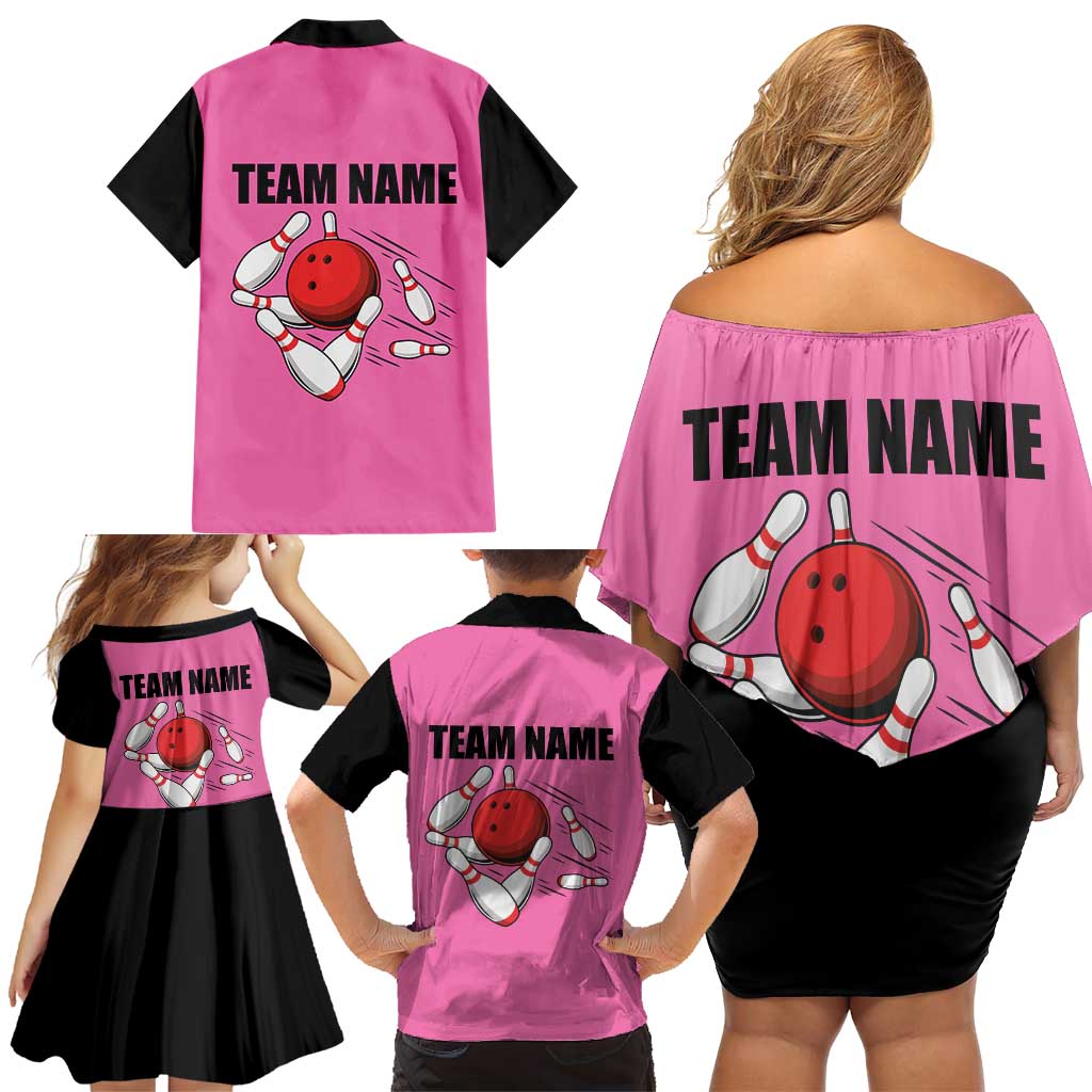 Pink and Black Bowling Family Matching Off Shoulder Short Dress and Hawaiian Shirt Design with Red Ball and Pins and Custom Team Name Graphic - Wonder Print Shop