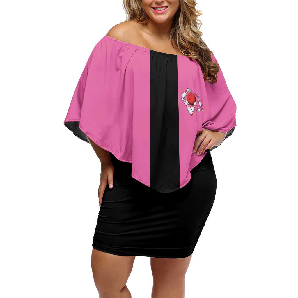 Pink and Black Bowling Family Matching Off Shoulder Short Dress and Hawaiian Shirt Design with Red Ball and Pins and Custom Team Name Graphic - Wonder Print Shop