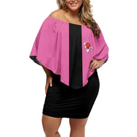 Pink and Black Bowling Family Matching Off Shoulder Short Dress and Hawaiian Shirt Design with Red Ball and Pins and Custom Team Name Graphic - Wonder Print Shop