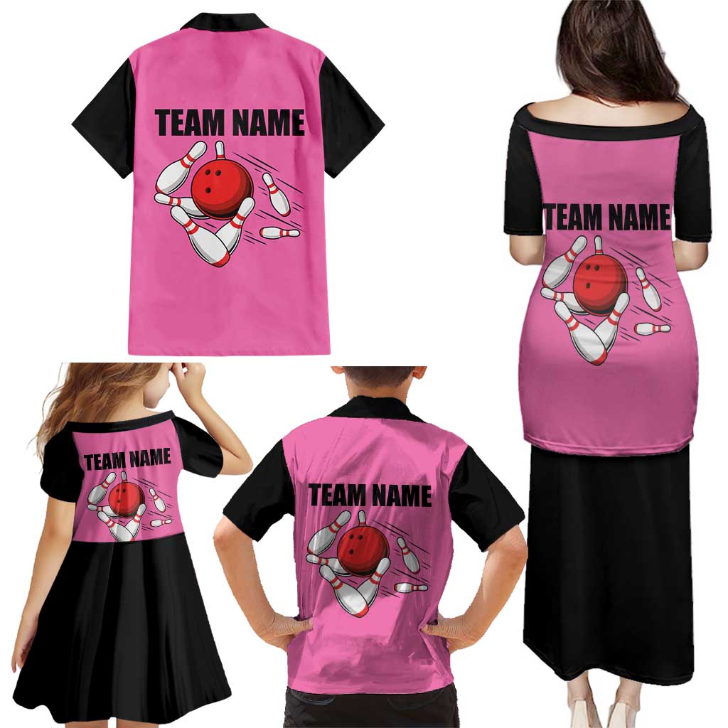 Pink and Black Bowling Family Matching Puletasi and Hawaiian Shirt Design with Red Ball and Pins and Custom Team Name Graphic - Wonder Print Shop