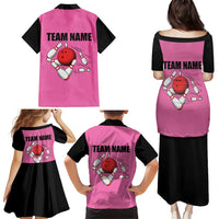 Pink and Black Bowling Family Matching Puletasi and Hawaiian Shirt Design with Red Ball and Pins and Custom Team Name Graphic - Wonder Print Shop