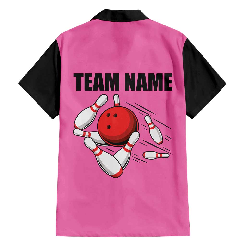 Pink and Black Bowling Family Matching Puletasi and Hawaiian Shirt Design with Red Ball and Pins and Custom Team Name Graphic - Wonder Print Shop