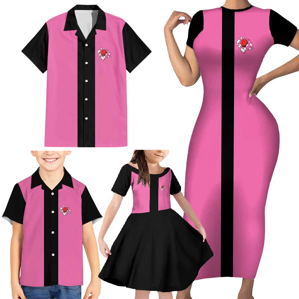 Pink and Black Bowling Family Matching Short Sleeve Bodycon Dress and Hawaiian Shirt Design with Red Ball and Pins and Custom Team Name Graphic - Wonder Print Shop