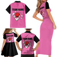 Pink and Black Bowling Family Matching Short Sleeve Bodycon Dress and Hawaiian Shirt Design with Red Ball and Pins and Custom Team Name Graphic - Wonder Print Shop