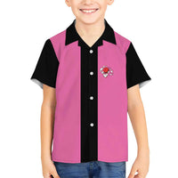 Pink and Black Bowling Family Matching Short Sleeve Bodycon Dress and Hawaiian Shirt Design with Red Ball and Pins and Custom Team Name Graphic - Wonder Print Shop