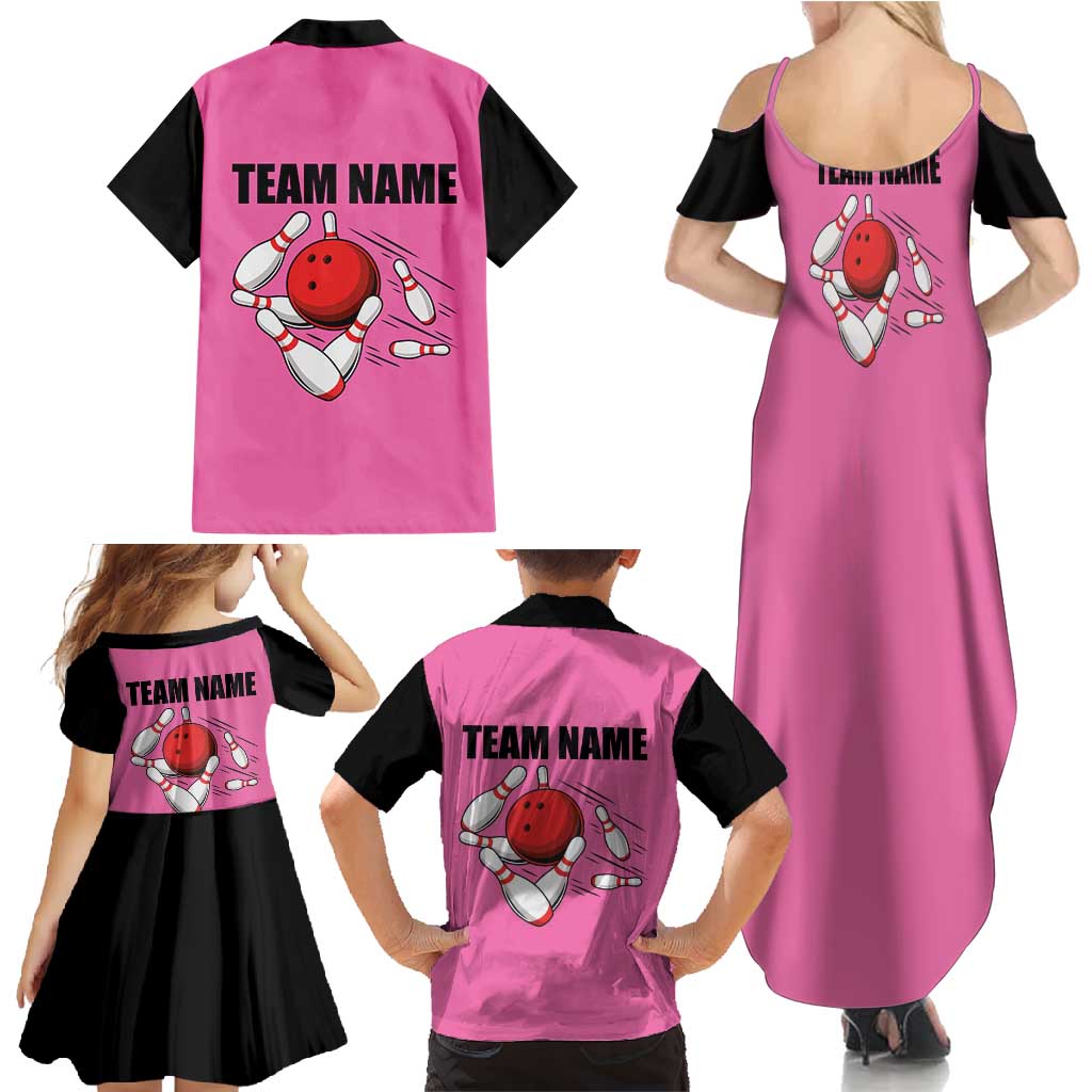 Pink and Black Bowling Family Matching Summer Maxi Dress and Hawaiian Shirt Design with Red Ball and Pins and Custom Team Name Graphic - Wonder Print Shop