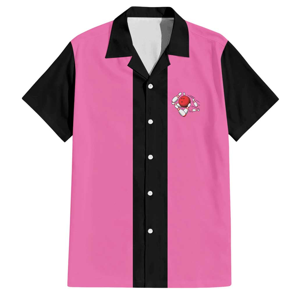 Pink and Black Bowling Family Matching Summer Maxi Dress and Hawaiian Shirt Design with Red Ball and Pins and Custom Team Name Graphic - Wonder Print Shop