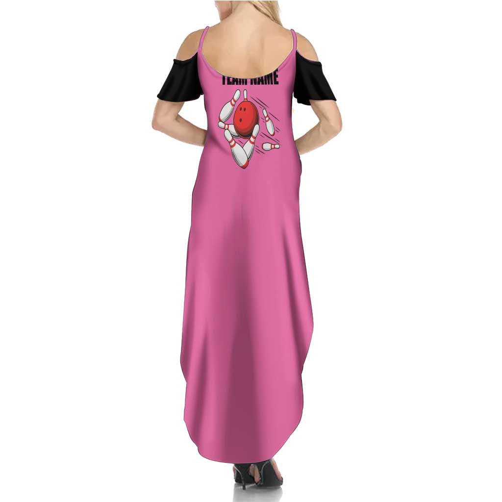 Pink and Black Bowling Family Matching Summer Maxi Dress and Hawaiian Shirt Design with Red Ball and Pins and Custom Team Name Graphic - Wonder Print Shop