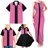 Pink and Black Bowling Family Matching Tank Maxi Dress and Hawaiian Shirt Design with Red Ball and Pins and Custom Team Name Graphic - Wonder Print Shop