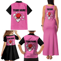 Pink and Black Bowling Family Matching Tank Maxi Dress and Hawaiian Shirt Design with Red Ball and Pins and Custom Team Name Graphic - Wonder Print Shop