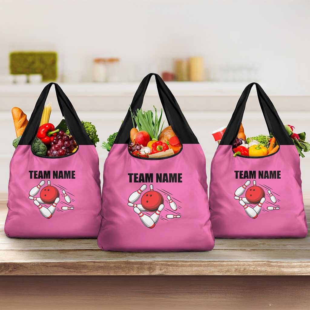 Pink and Black Bowling Grocery Bag Design with Red Ball and Pins and Custom Team Name Graphic - Wonder Print Shop