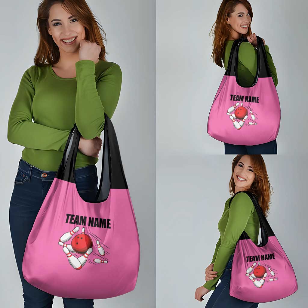 Pink and Black Bowling Grocery Bag Design with Red Ball and Pins and Custom Team Name Graphic - Wonder Print Shop