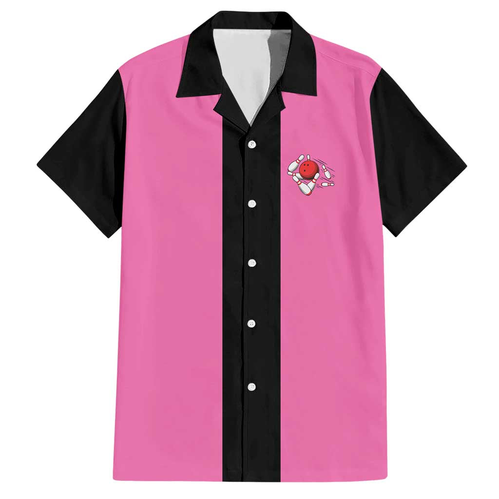 Pink and Black Bowling Hawaiian Shirt Design with Red Ball and Pins and Custom Team Name Graphic - Wonder Print Shop
