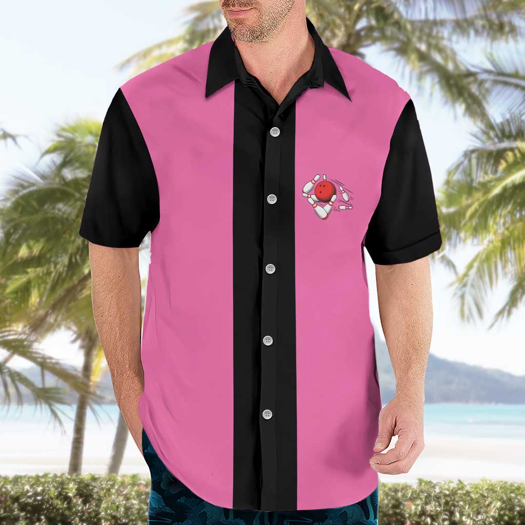 Pink and Black Bowling Hawaiian Shirt Design with Red Ball and Pins and Custom Team Name Graphic - Wonder Print Shop