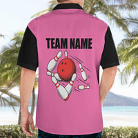 Pink and Black Bowling Hawaiian Shirt Design with Red Ball and Pins and Custom Team Name Graphic - Wonder Print Shop