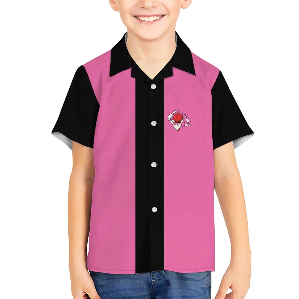 Pink and Black Bowling Hawaiian Shirt Design with Red Ball and Pins and Custom Team Name Graphic - Wonder Print Shop