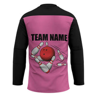 Pink and Black Bowling Hockey Jersey Design with Red Ball and Pins and Custom Team Name Graphic - Wonder Print Shop