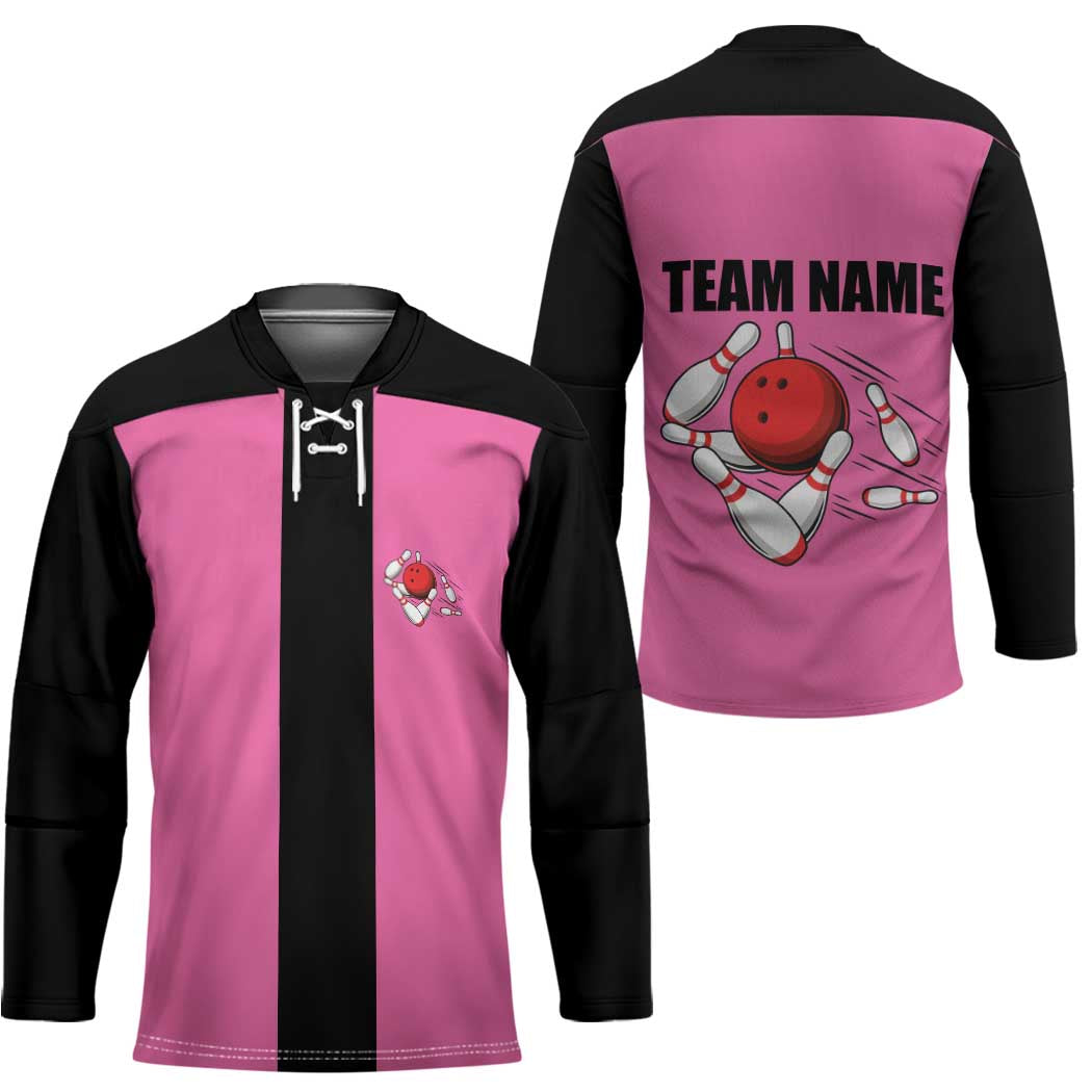 Pink and Black Bowling Hockey Jersey Design with Red Ball and Pins and Custom Team Name Graphic - Wonder Print Shop