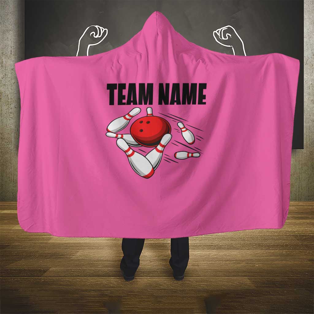 Pink and Black Bowling Hooded Blanket Design with Red Ball and Pins and Custom Team Name Graphic - Wonder Print Shop