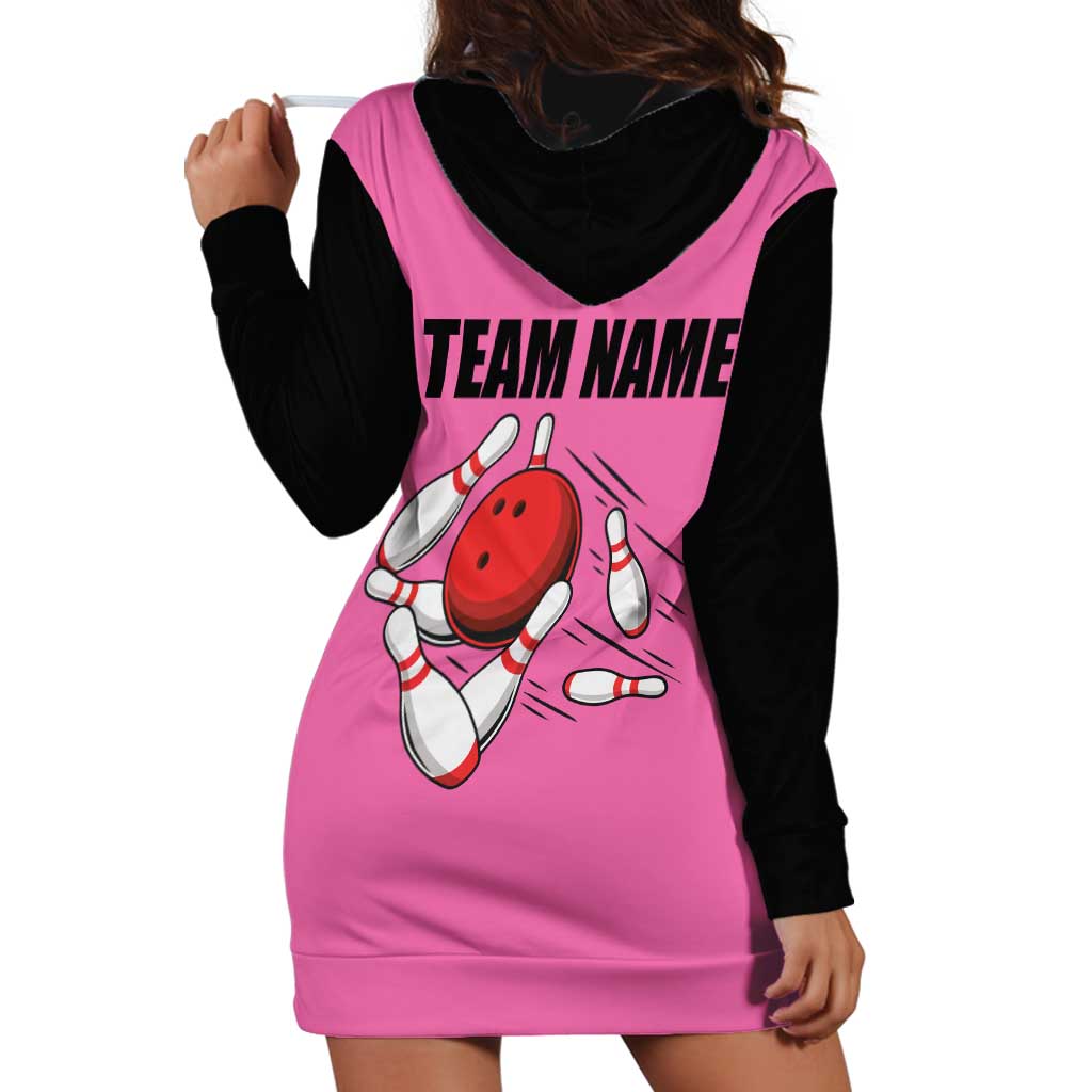 Pink and Black Bowling Hoodie Dress Design with Red Ball and Pins and Custom Team Name Graphic - Wonder Print Shop