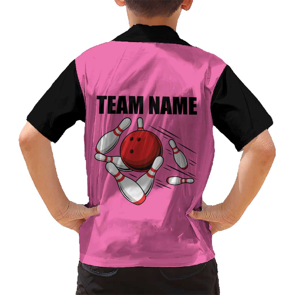 Pink and Black Bowling Kid Hawaiian Shirt Design with Red Ball and Pins and Custom Team Name Graphic - Wonder Print Shop