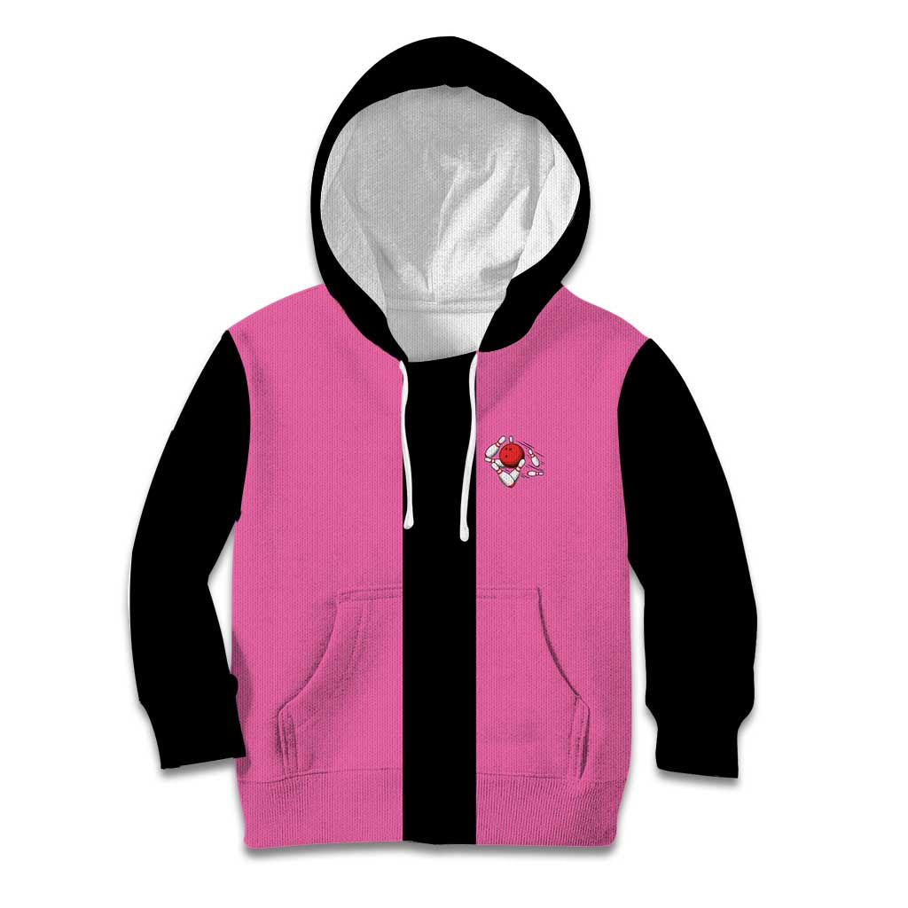 Pink and Black Bowling Kid Hoodie Design with Red Ball and Pins and Custom Team Name Graphic - Wonder Print Shop