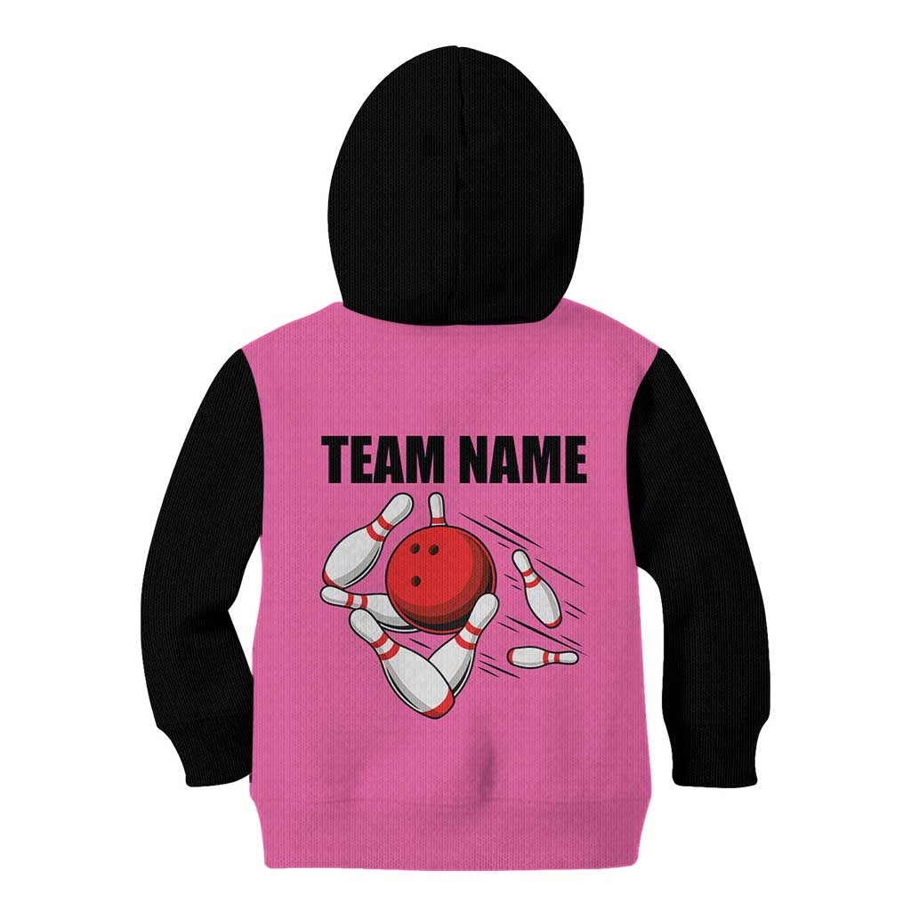 Pink and Black Bowling Kid Hoodie Design with Red Ball and Pins and Custom Team Name Graphic - Wonder Print Shop