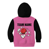 Pink and Black Bowling Kid Hoodie Design with Red Ball and Pins and Custom Team Name Graphic - Wonder Print Shop