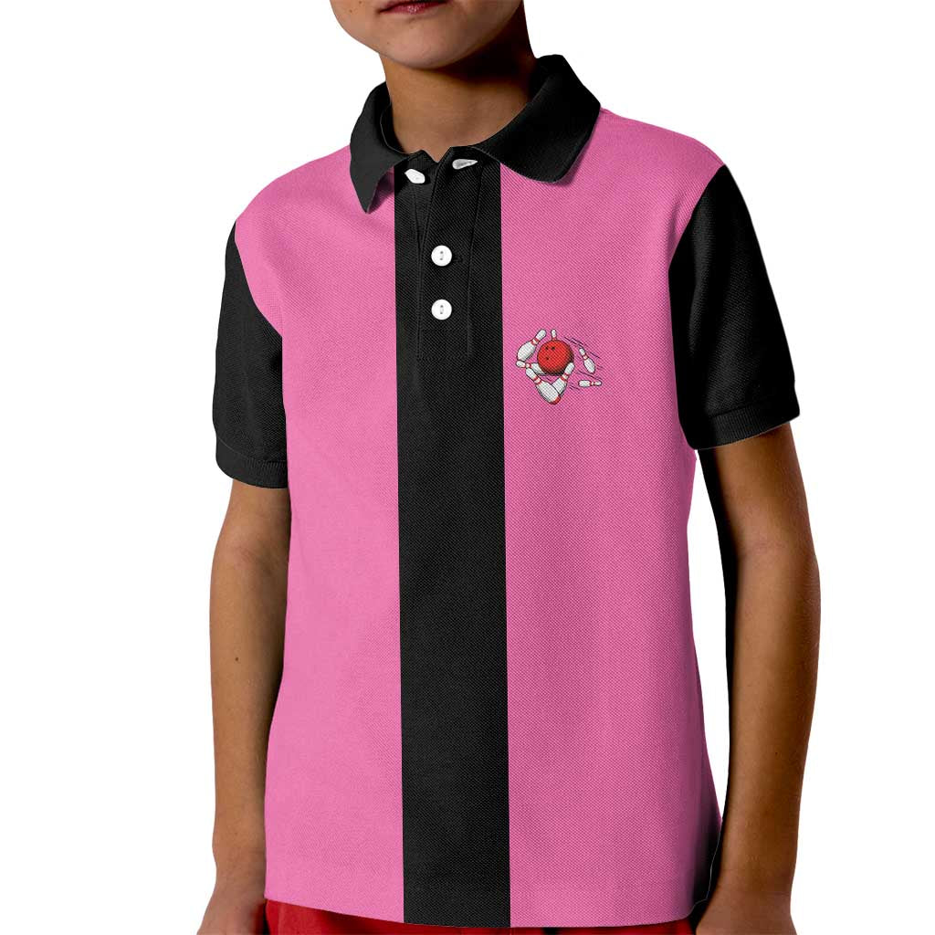 Pink and Black Bowling Kid Polo Shirt Design with Red Ball and Pins and Custom Team Name Graphic - Wonder Print Shop