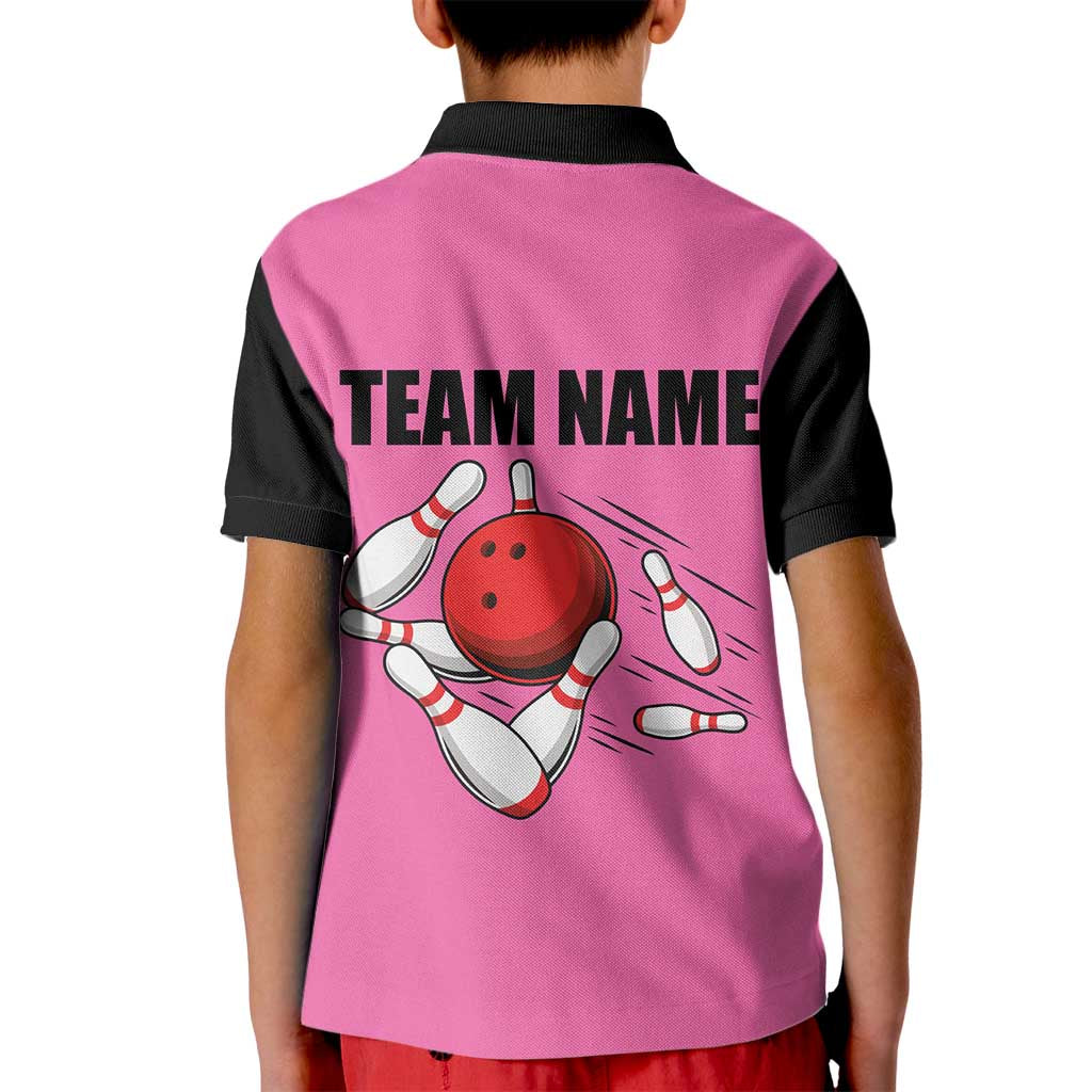 Pink and Black Bowling Kid Polo Shirt Design with Red Ball and Pins and Custom Team Name Graphic - Wonder Print Shop