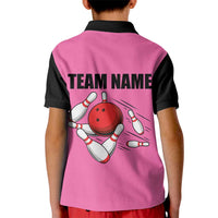 Pink and Black Bowling Kid Polo Shirt Design with Red Ball and Pins and Custom Team Name Graphic - Wonder Print Shop