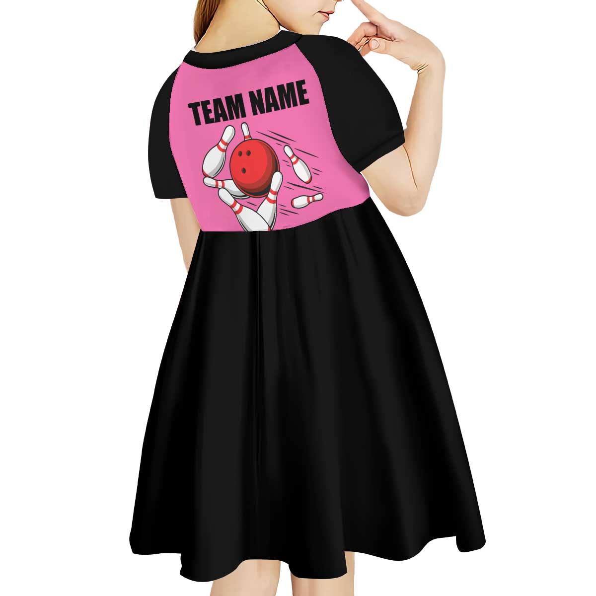 Pink and Black Bowling Kid Short Sleeve Dress Design with Red Ball and Pins and Custom Team Name Graphic - Wonder Print Shop
