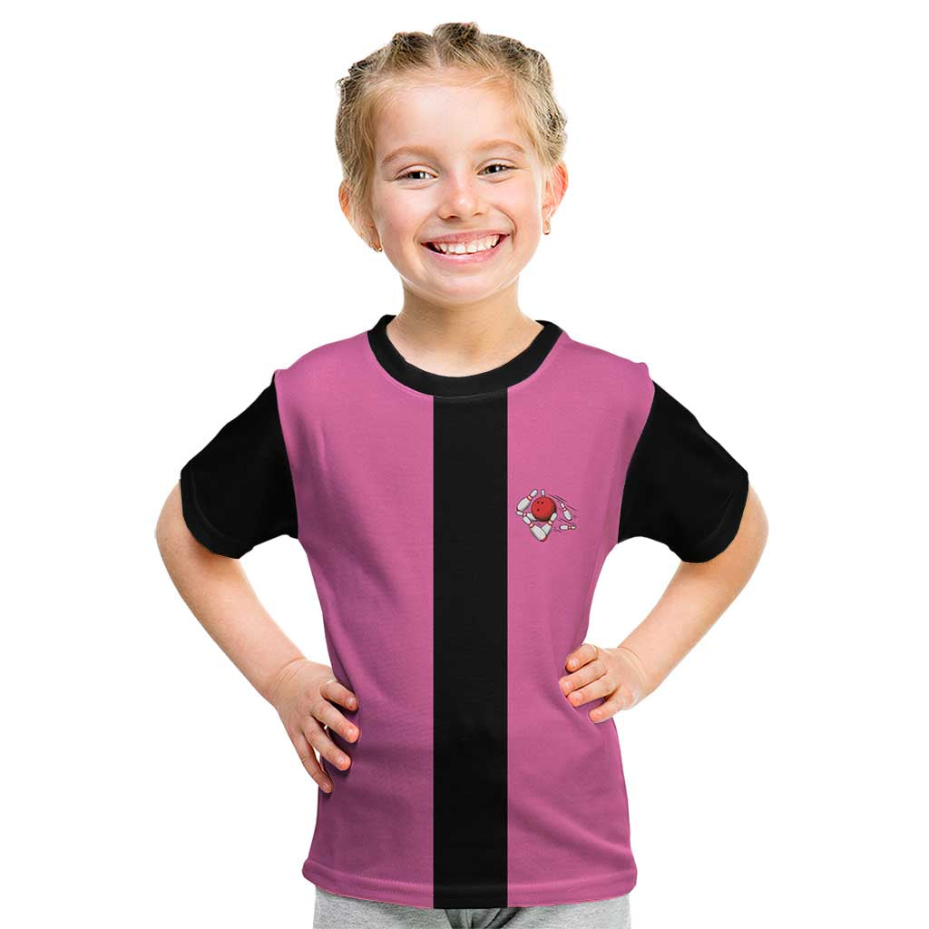 Pink and Black Bowling Kid T Shirt Design with Red Ball and Pins and Custom Team Name Graphic - Wonder Print Shop