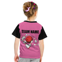 Pink and Black Bowling Kid T Shirt Design with Red Ball and Pins and Custom Team Name Graphic - Wonder Print Shop