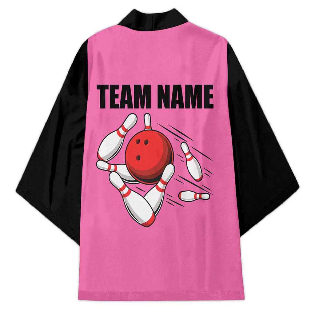 Pink and Black Bowling Kimono Design with Red Ball and Pins and Custom Team Name Graphic - Wonder Print Shop