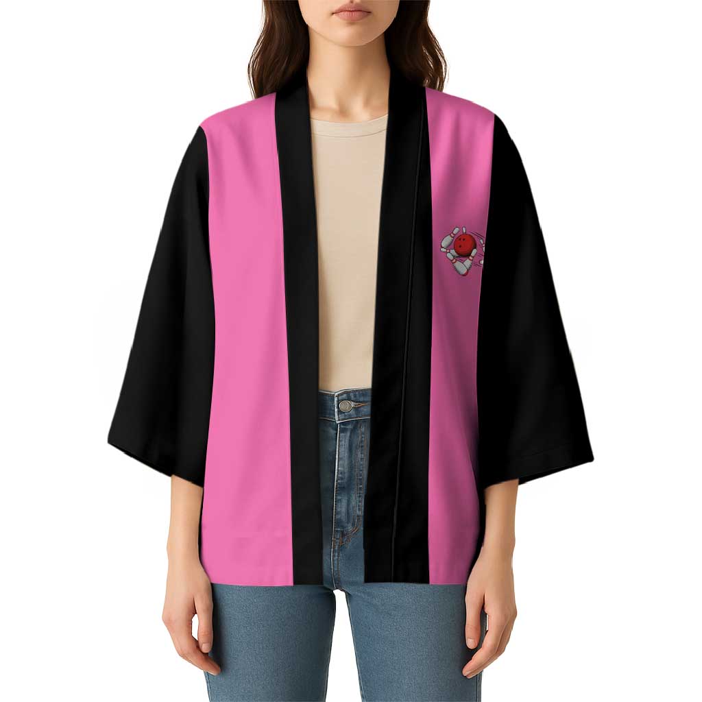 Pink and Black Bowling Kimono Design with Red Ball and Pins and Custom Team Name Graphic - Wonder Print Shop