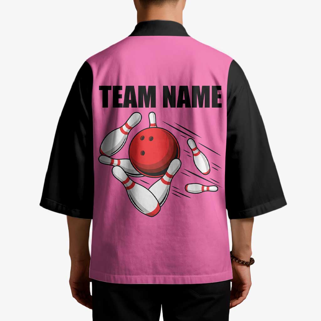 Pink and Black Bowling Kimono Design with Red Ball and Pins and Custom Team Name Graphic - Wonder Print Shop