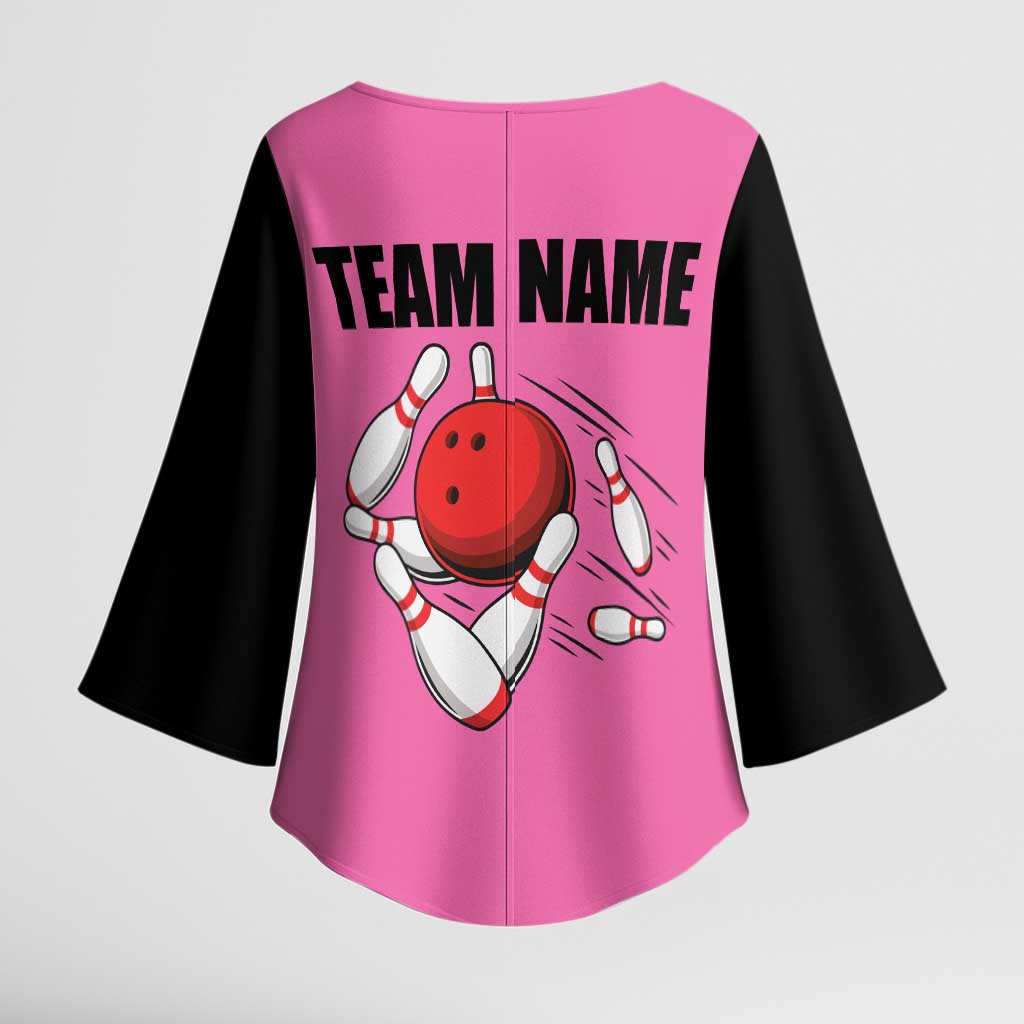 Pink and Black Bowling Kimono Sleeve Blouse Design with Red Ball and Pins and Custom Team Name Graphic - Wonder Print Shop